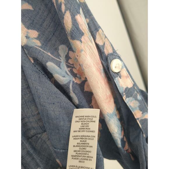 Chico's Blouse Top 1 M Floral Print Button Front Tab Sleeve Boho Blue Peach - Picture 9 of 9